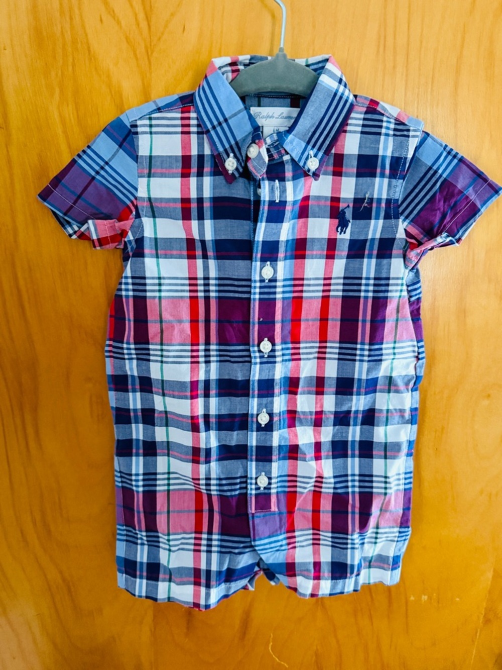 NWT Ralph Lauren Short Sleeve Plaid Button-Down Shorts Onesie- 6M